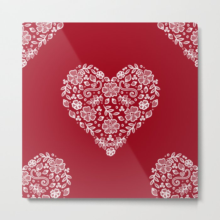 Red Heart Lace Flowers Metal Print