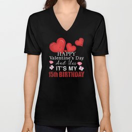 15th Birth Heart Day Happy Valentines Day V Neck T Shirt