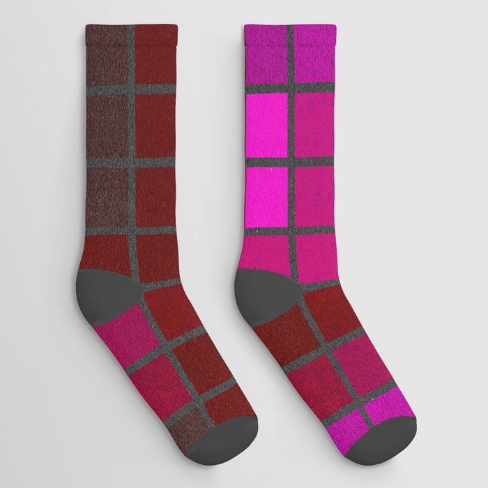 Pink Red and Green Velvet Squares Pattern Socks