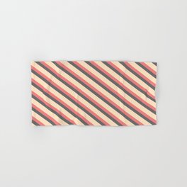 [ Thumbnail: Light Coral, Dim Grey, and Bisque Colored Stripes Pattern Hand & Bath Towel ]