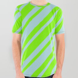 [ Thumbnail: Powder Blue & Chartreuse Colored Lined/Striped Pattern All Over Graphic Tee ]