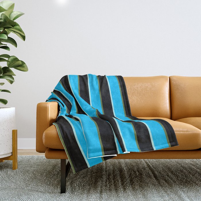 Turquoise, Deep Sky Blue, Dark Olive Green, and Black Colored Stripes/Lines Pattern Throw Blanket