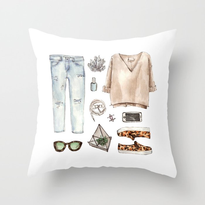 watercolor sketch. fashion outfit, casual style. Throw Pillow
