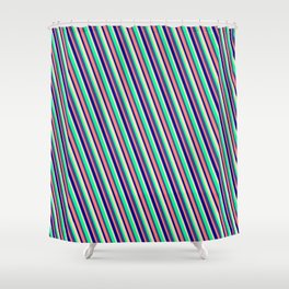 [ Thumbnail: Colorful Tan, Green, Dark Slate Blue, Salmon & Dark Blue Colored Lined/Striped Pattern Shower Curtain ]