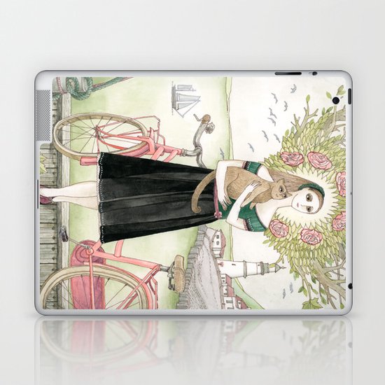 Girl and cat with pink bicycle Laptop & iPad Skin