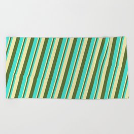 [ Thumbnail: Pale Goldenrod, Dark Olive Green & Turquoise Colored Lines Pattern Beach Towel ]