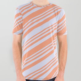 [ Thumbnail: Light Salmon and Lavender Colored Lined/Striped Pattern All Over Graphic Tee ]