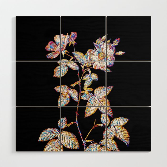 Floral Red Bramble Leaf Rose Mosaic on Black Wood Wall Art