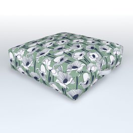Field of white poppies // jade green background white wildflowers oxford navy blue lines Outdoor Floor Cushion