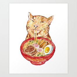 Cat Eating Noodles Painting Kitchen Wall Poster Watercolor Art Print