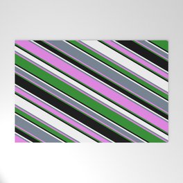 [ Thumbnail: Vibrant Slate Gray, Violet, Forest Green, Black, and White Colored Stripes Pattern Welcome Mat ]