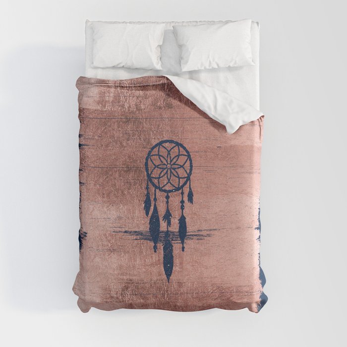 Modern navy blue faux rose gold dreamcatcher Duvet Cover