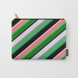 [ Thumbnail: Vibrant Lavender, Light Coral, Sea Green, Green & Black Colored Stripes/Lines Pattern Carry-All Pouch ]