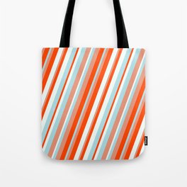 [ Thumbnail: Dark Salmon, Red, Mint Cream, and Powder Blue Colored Lined Pattern Tote Bag ]