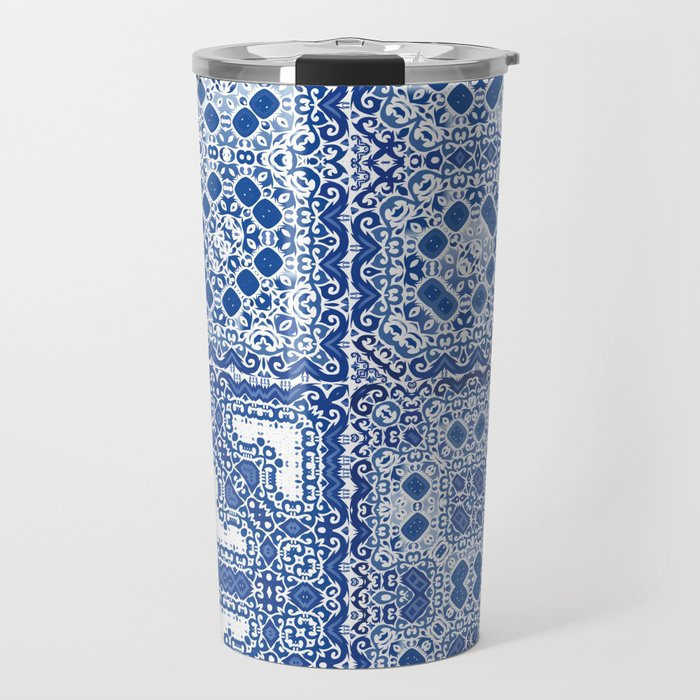 Traditional ornate portuguese azulejos. Fashionable design. Kit of vintage seamless patterns. Blue abstract background Travel Mug