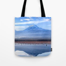 Beautiful View Of Mt. Kilimanjaro with Pink Flamingos In the Lake Tote Bag