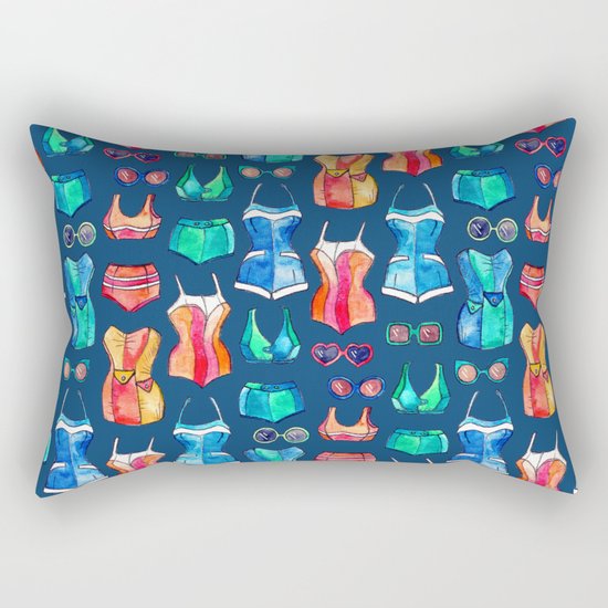 Sixties Swimsuits and Sunnies on dark blue Rectangular Pillow