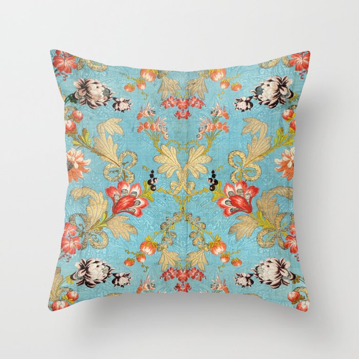 Blue French Floral Silk Pattern Throw Pillow