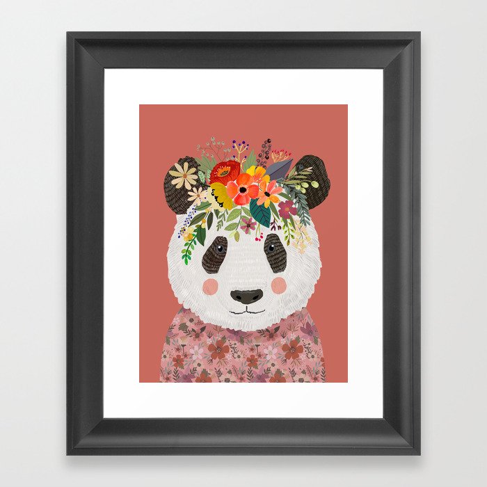Cut Panda Bear with flower crown. Cute decor for kids Framed Art Print