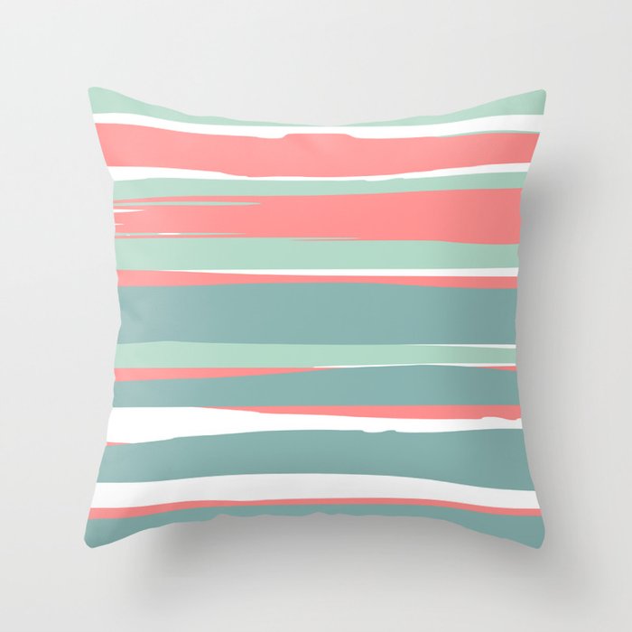 Festive, Abstract, Colorful Stripes, Coral and Teal Green Throw Pillow