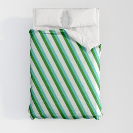 [ Thumbnail: Turquoise, Green & Mint Cream Colored Stripes Pattern Comforter ]