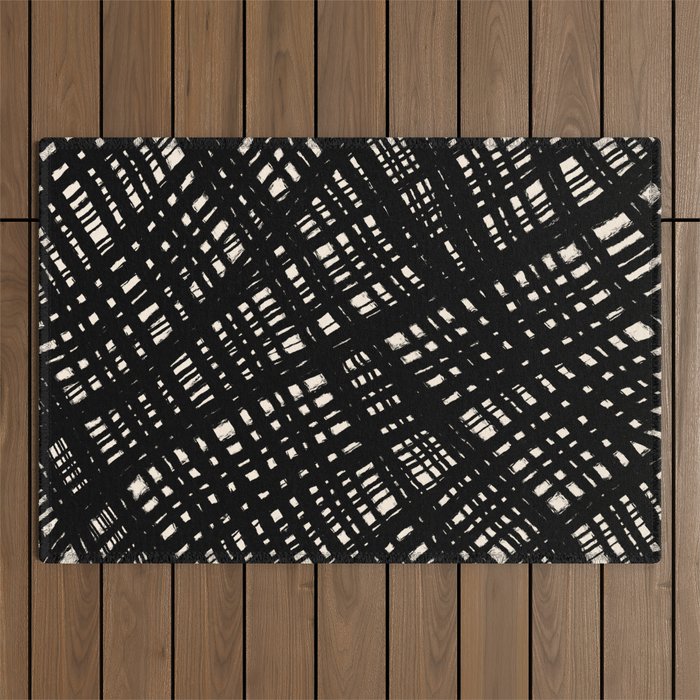 Rough Weave Abstract Burlap Pattern in Black and Almond Cream Outdoor Rug