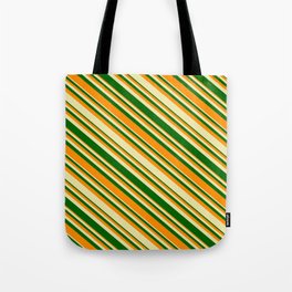 [ Thumbnail: Pale Goldenrod, Dark Green, and Dark Orange Colored Lined/Striped Pattern Tote Bag ]
