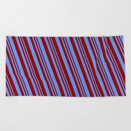 [ Thumbnail: Dark Red & Cornflower Blue Colored Lined/Striped Pattern Beach Towel ]