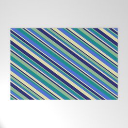 [ Thumbnail: Dark Sea Green, Dark Cyan, Royal Blue, Pale Goldenrod, and Midnight Blue Colored Stripes Pattern Welcome Mat ]