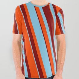 [ Thumbnail: Sky Blue, Red, and Maroon Colored Pattern of Stripes All Over Graphic Tee ]