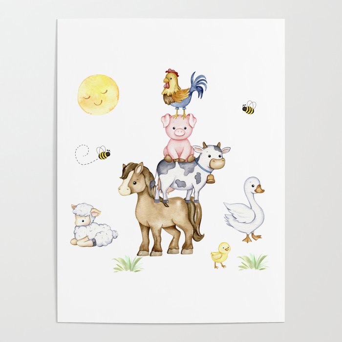 Watercolor Farm Animals Stacked Poster