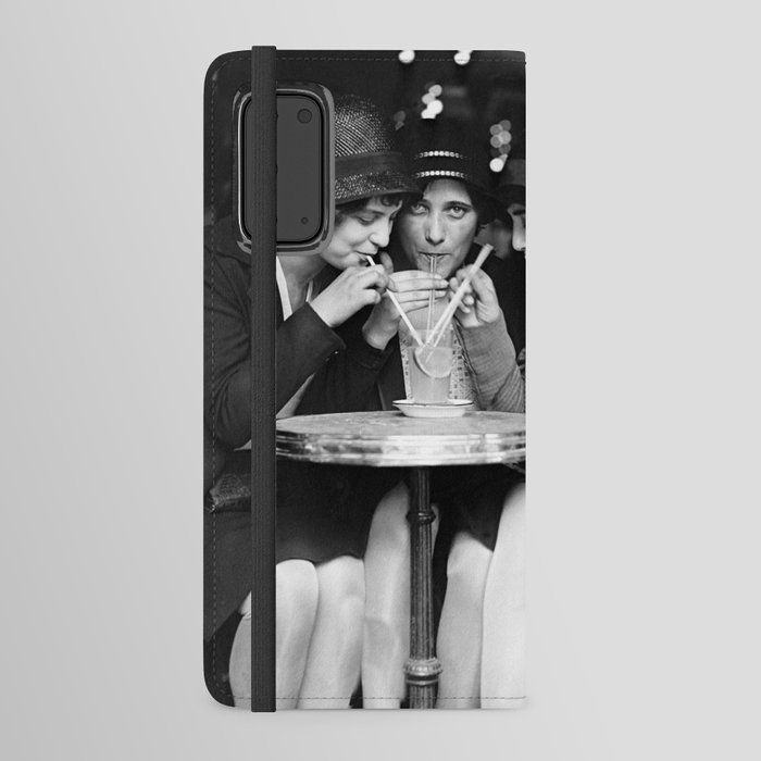 Three girl friends sharing and sipping an aperitif at Paris Cafe portrait black and white photograph - photography - photographs Android Wallet Case