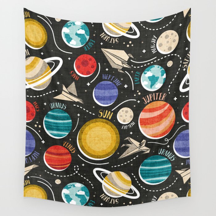 Paper space adventure I // black background multicoloured solar system paper cut planets origami paper spaceships and rockets  Wall Tapestry