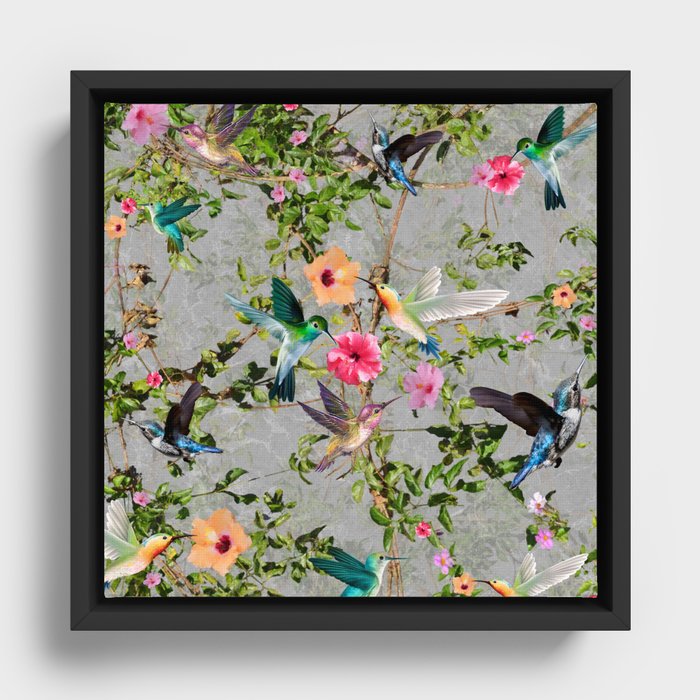 Hummingbird Hibiscus Collage Floral Framed Canvas