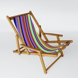 [ Thumbnail: Colorful Brown, Green, Chocolate, Blue, and Purple Colored Lined Pattern Sling Chair ]