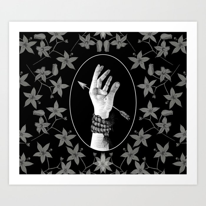 Pierced Hand Art Print | Drawing, Graphite, Pen, Arrow, Hand, Rope, Tied, Nightshade, Woody-nightshade, Black-and-white
