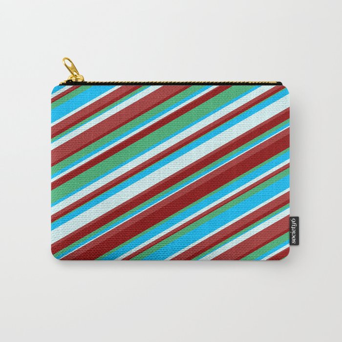 Eyecatching Dark Red, Sea Green, Deep Sky Blue, Light Cyan & Brown Colored Lines/Stripes Pattern Carry-All Pouch