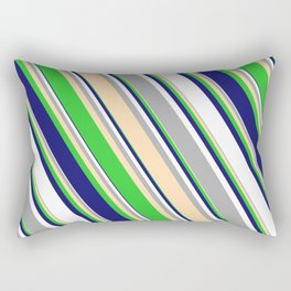 [ Thumbnail: Eyecatching Dark Grey, Tan, Lime Green, Midnight Blue, and White Colored Pattern of Stripes Rectangular Pillow ]