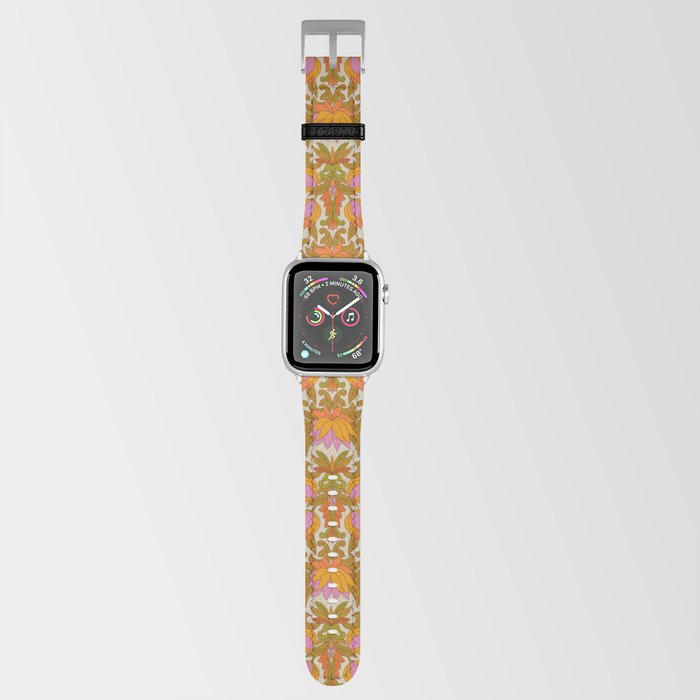 Orange, Pink Flowers and Green Leaves 1960s Retro Vintage Pattern Apple Watch Band