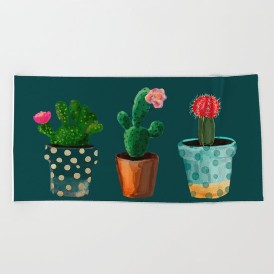 Three Cacti With Flowers On Green Background Beach Towel