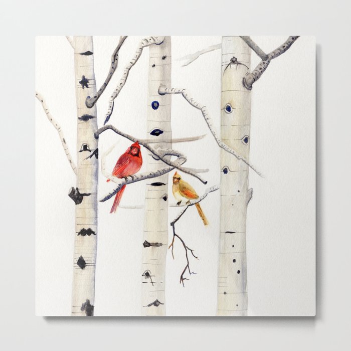 Birch Trees and Cardinal Metal Print