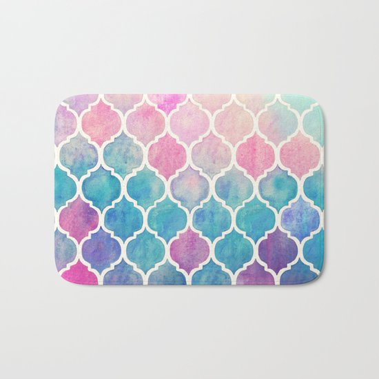 Rainbow Pastel Watercolor Moroccan Pattern Bath Mat