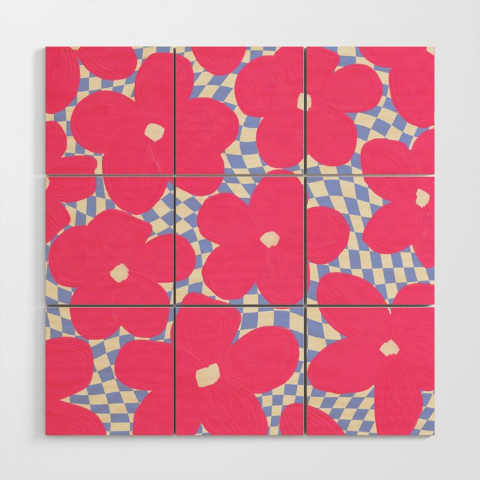 'Picnic Tea' - 70s Daisy Flowers over Plaid Checker Wood Wall Art