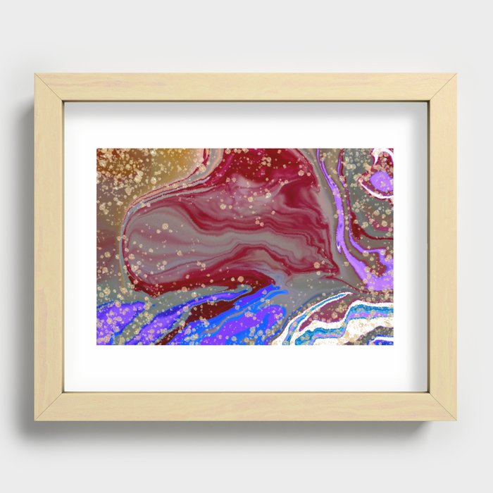 Blue and red yellow marble stone. Alcohol ink fluid abstract texture fluid art with gold glitter and liquid Recessed Framed Print