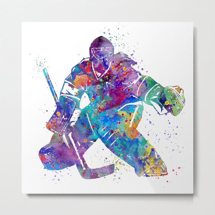 Ice Hockey Girl Goalie Watercolor Silhouette Metal Print