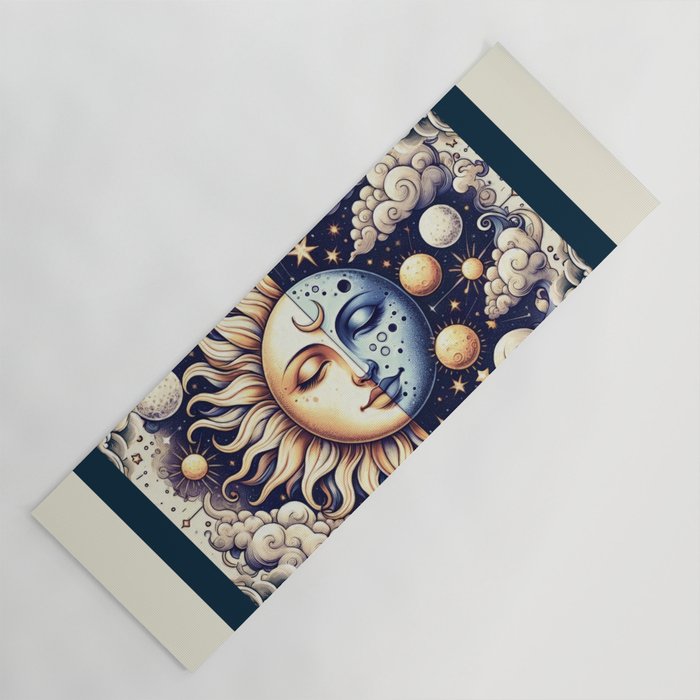 Vintage Celestial Half Sun & Moon Blue Yellow Yoga Mat