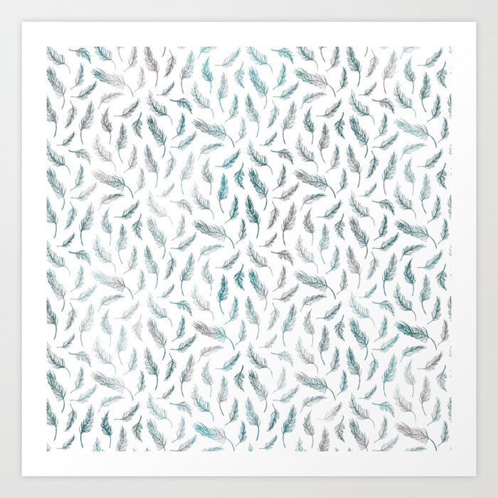 Ombre Aqua Silver Foil Feathers Art Print