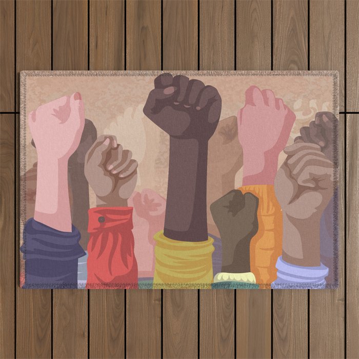 Fist hands up of different types of skins, multiracial raised fists concept art print Outdoor Rug