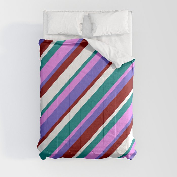 Vibrant Teal, Violet, Slate Blue, Maroon & White Colored Pattern of Stripes Comforter