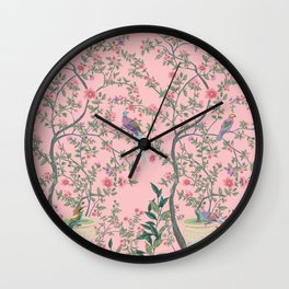 Chinoiserie Pink Fresco Floral Garden Birds Oriental Botanical Wall Clock | Trees, Flowers, Design, Birds, Japanese, Oriental, Painting, Exotic, Nature, Garden 
